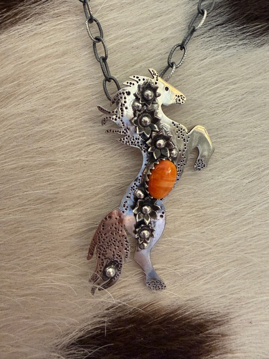 SouthWestArtisans Jewelry - ❤️ Spiny Oyster Decorative Sterling Hand Stamped Statement Horse Pendant 2.16”L